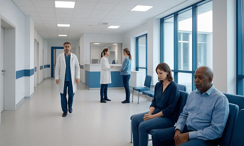 Patients waiting in a hospital corridor with medical staff nearby.