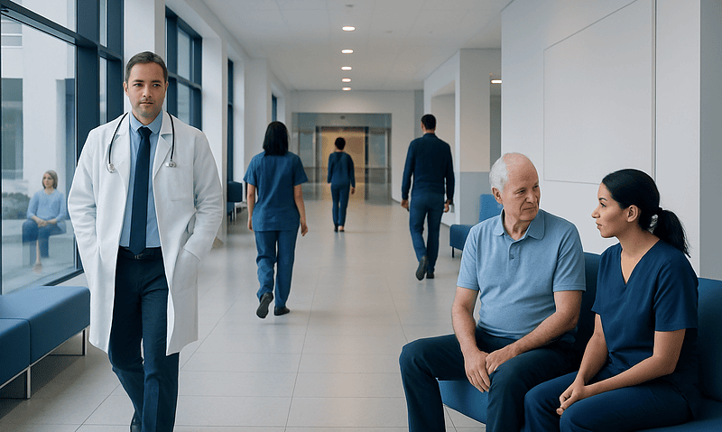 Healthcare professionals and patients in a modern hospital corridor.