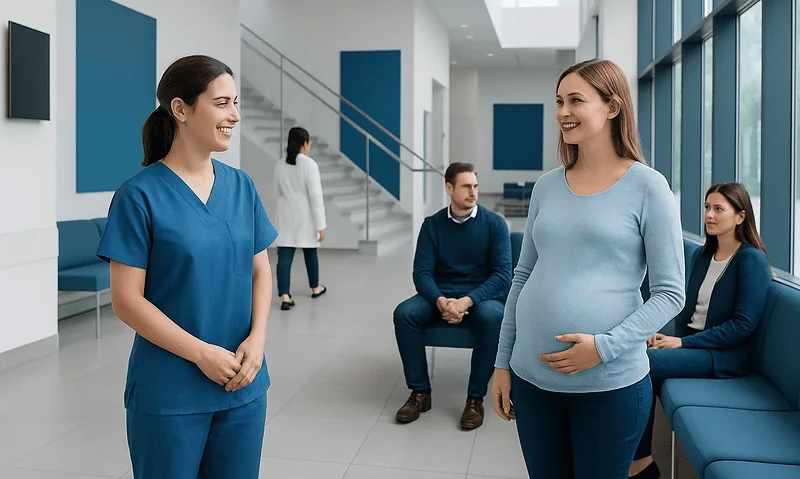 Pregnant woman consulting with healthcare professional in modern clinic.