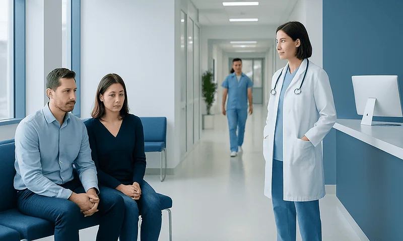 Patients waiting in a hospital corridor with a doctor nearby.