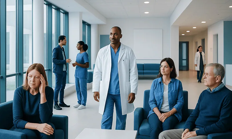 Patients waiting in a hospital corridor with medical staff nearby.