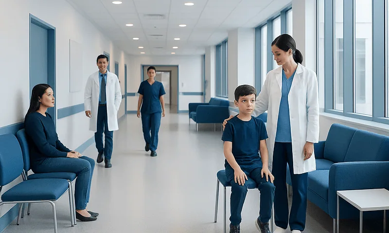 Movement Disorders in Children: Early Signs Parents Should Not Ignore 18 Pediatric neurologist examining a young boy in a hospital corridor.