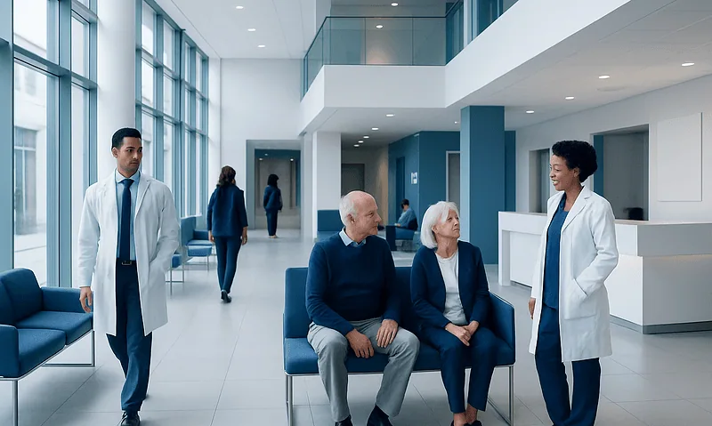 Hospital waiting area with doctors and elderly patients at Acibadem Hospitals Group.