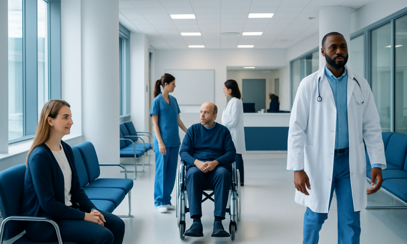 Medical team consulting with patient in hospital corridor.