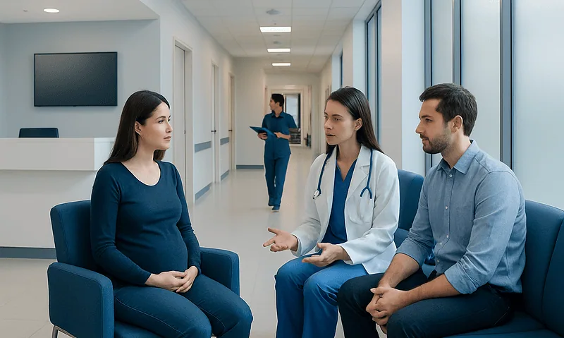 IVF With Donor Sperm: Who May Consider It and How Treatment Works 4 Pregnant woman consulting with doctor and partner in hospital corridor.