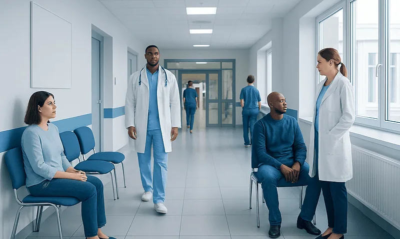 Medical consultation in hospital corridor with doctors and patients.