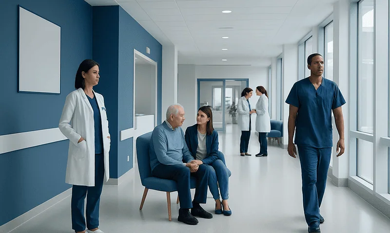 Medical staff and patient in a modern hospital corridor.