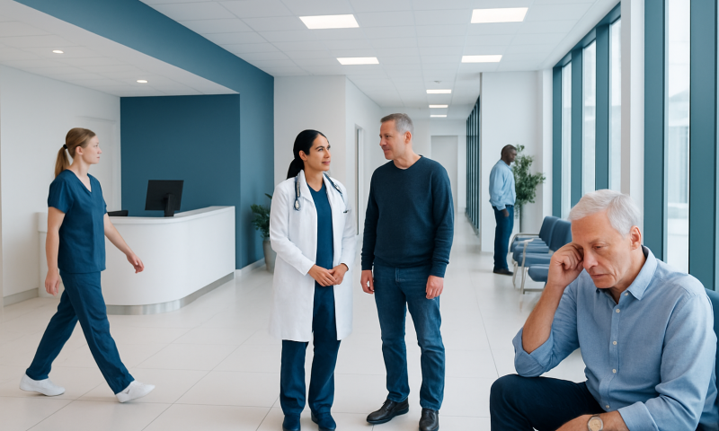 Patients and medical staff in a hospital corridor.