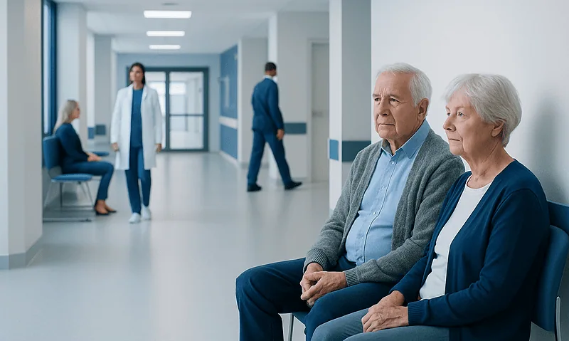 Elderly couple waiting in hospital corridor for medical consultation.