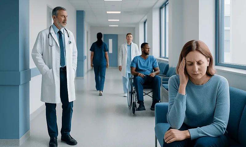 Patient experiencing headache in hospital corridor with medical staff nearby.