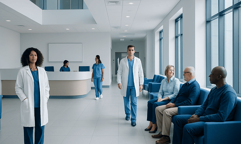 Medical team in hospital lobby with patients and staff.
