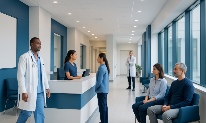 Patients waiting in a hospital corridor with medical staff and doctors present.