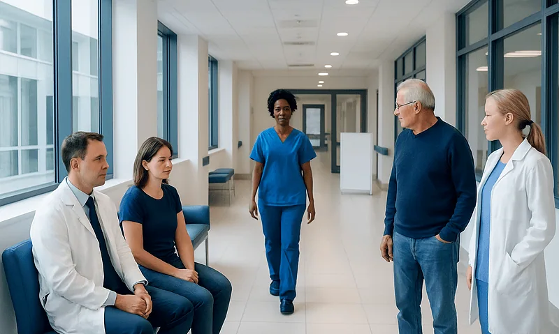 Medical consultation in hospital corridor with healthcare professionals and patient.