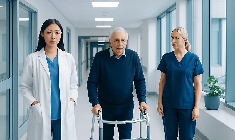 Senior man with walker walking in hospital corridor with healthcare professionals.