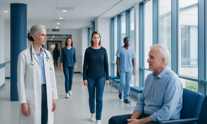 Medical team discussing patient care in hospital corridor.