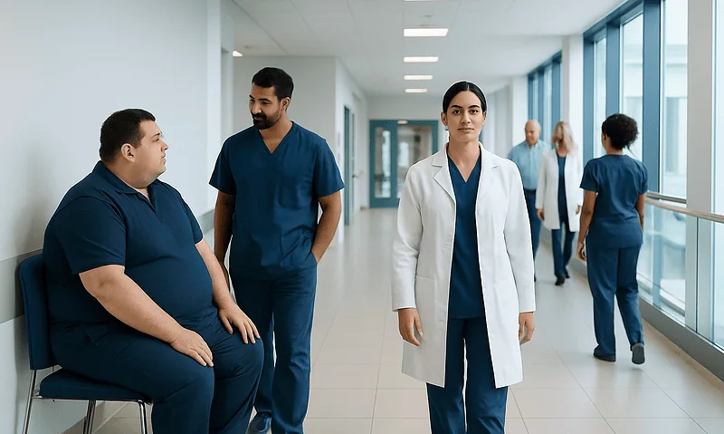 Medical team discussing patient care in hospital corridor.