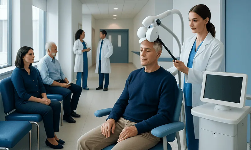 Patient undergoing transcranial magnetic stimulation at a hospital.