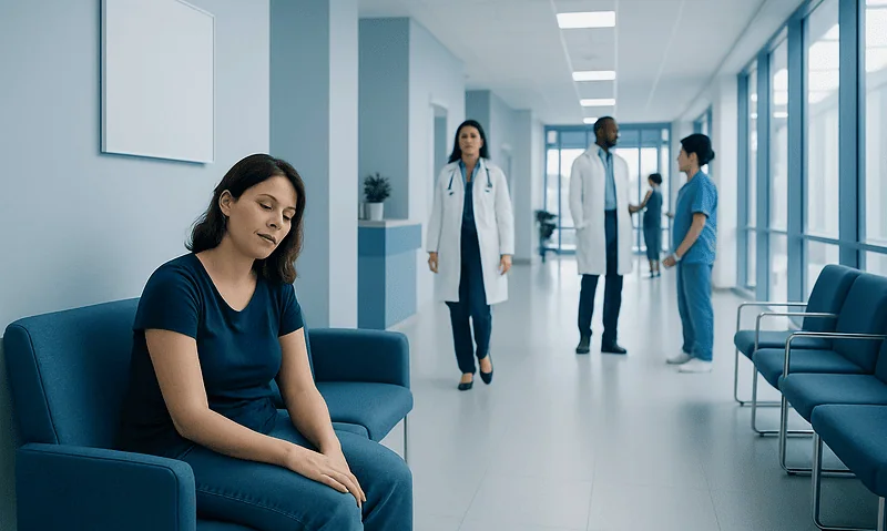 Patient waiting in hospital corridor with medical staff in background.