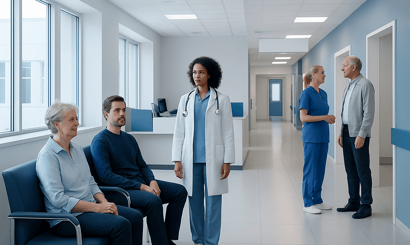 Hospital waiting area with patients and medical staff.