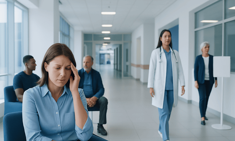 Patient experiencing headache in hospital corridor with medical staff nearby.