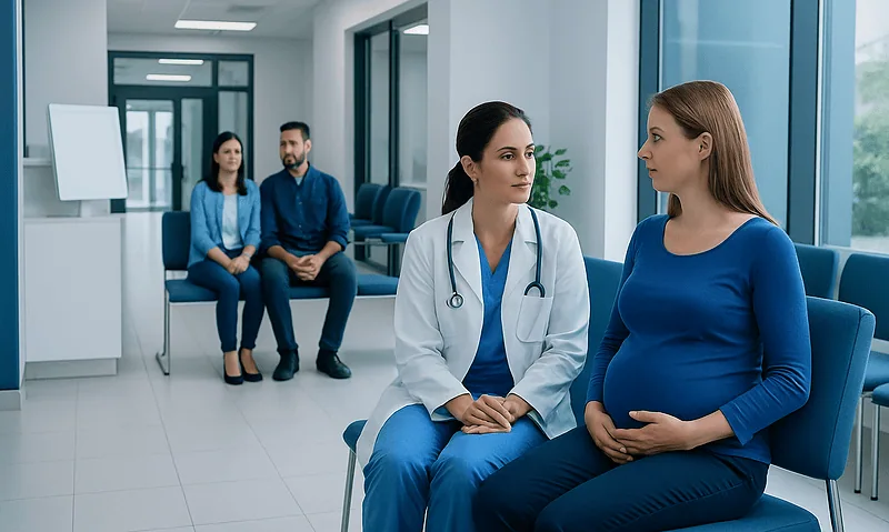 Pregnant woman consulting with doctor in hospital corridor.