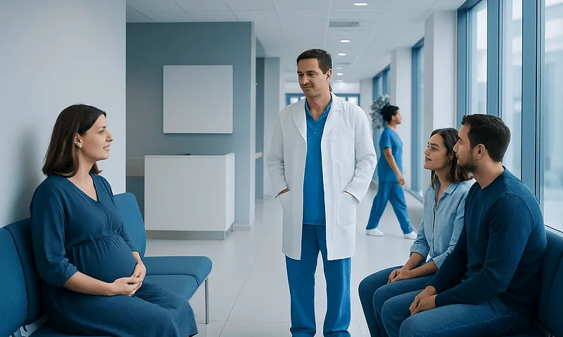 Doctor consulting pregnant woman and her partner in a modern hospital corridor.