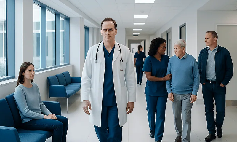 Medical team consulting with a patient in a hospital corridor.