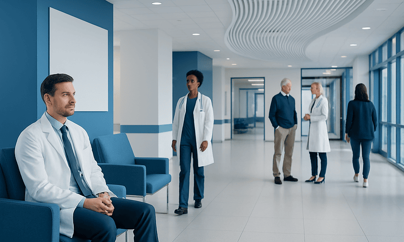 Medical professionals waiting in a modern hospital corridor.
