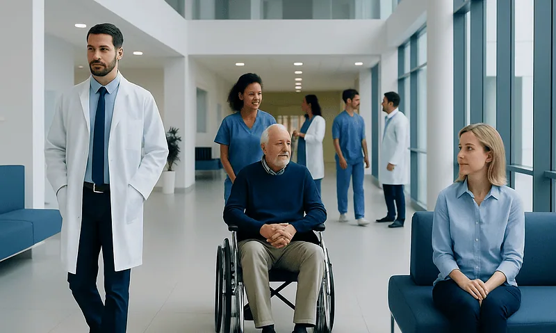 Medical team and patient in hospital corridor at Acibadem Hospitals Group.