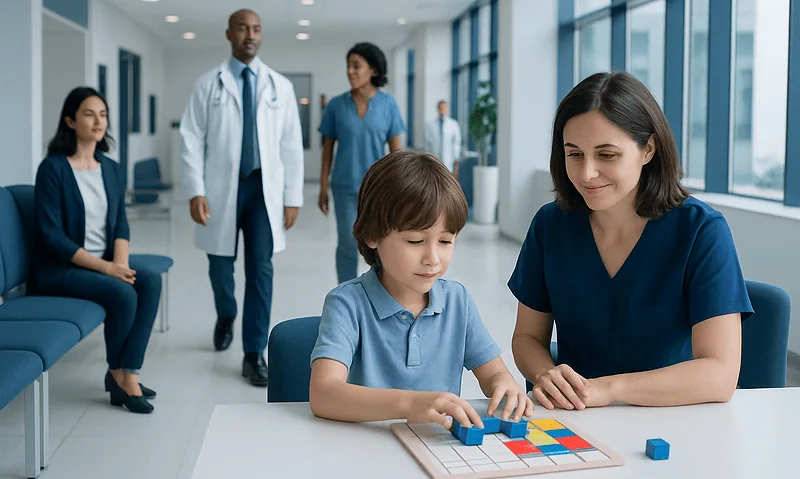 Child playing a cognitive game with a healthcare professional in a hospital corridor.
