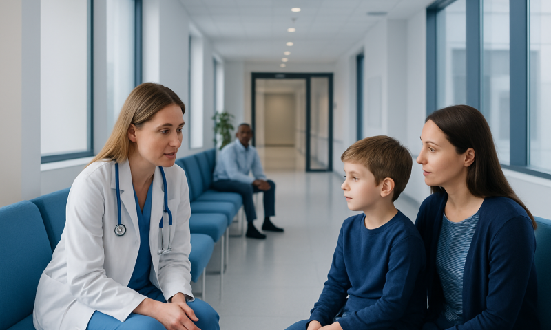 Neuropediatrics for Developmental Delay: What Evaluation May Include 15 Doctor consulting a young boy and his mother in a hospital corridor.