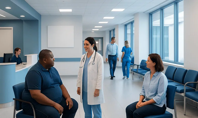 Doctor consulting with a patient in a hospital corridor.