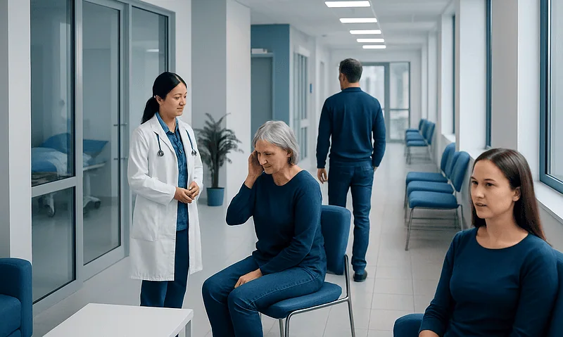 Doctor consulting elderly woman in hospital corridor with other patients nearby.
