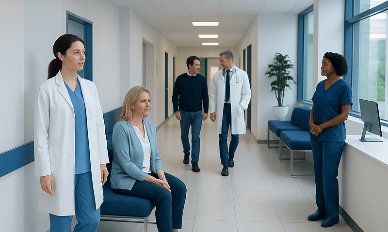 Medical team and patient in hospital corridor for neuro-otology evaluation.