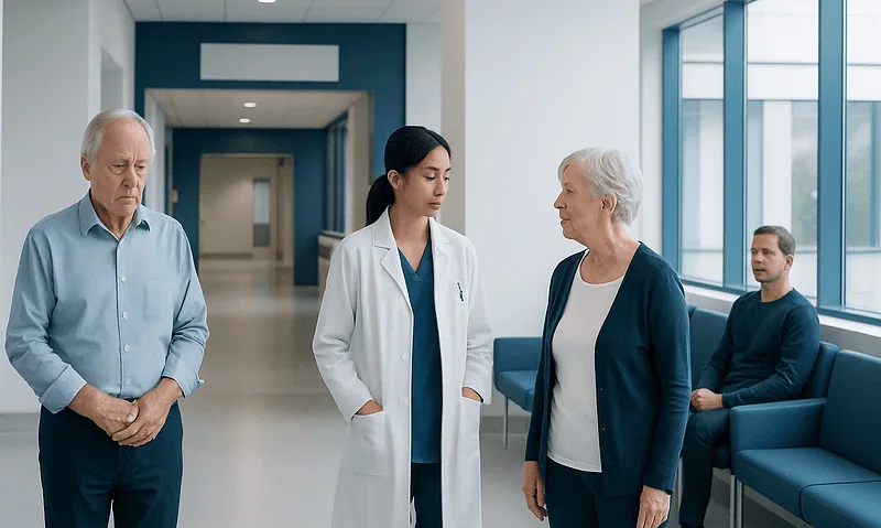 Medical consultation in a modern hospital corridor with elderly patients and a healthcare provider.