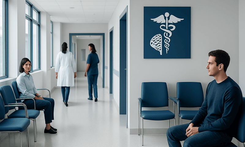 Patients waiting in a hospital corridor with neuropsychiatry signage.