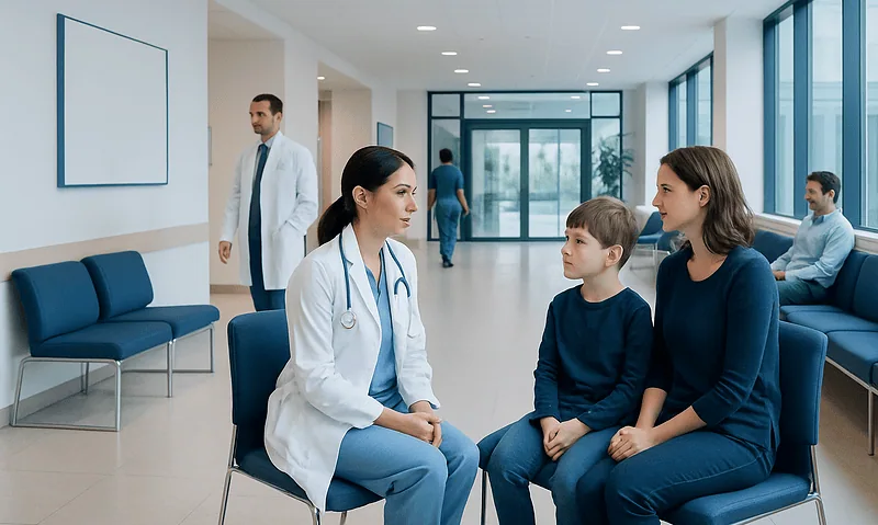 Pediatric Epilepsy Surgery: When Seizures Need More Than Medication 14 Pediatric consultation in a modern hospital waiting area with a doctor and young patient.