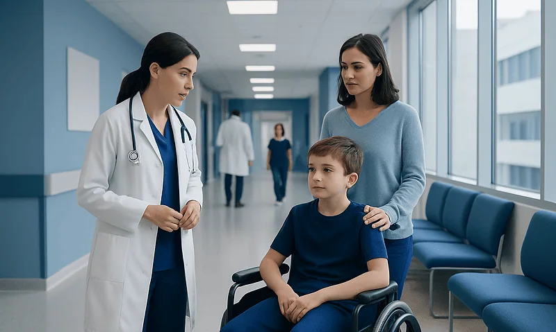 Childhood Weakness and Delayed Milestones: Signs of Neuromuscular Disease 13 Doctor consulting a boy in wheelchair with mother in hospital corridor.