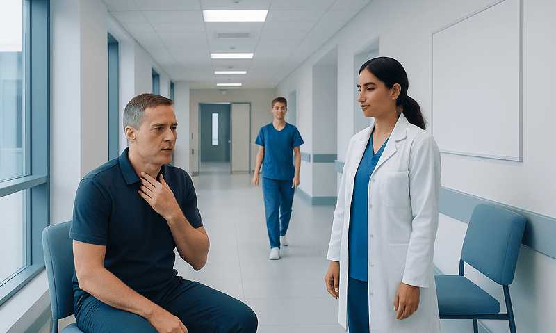 Doctor examining patient in hospital corridor for swallowing issues.