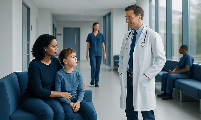Doctor talking to a mother and child in hospital corridor.