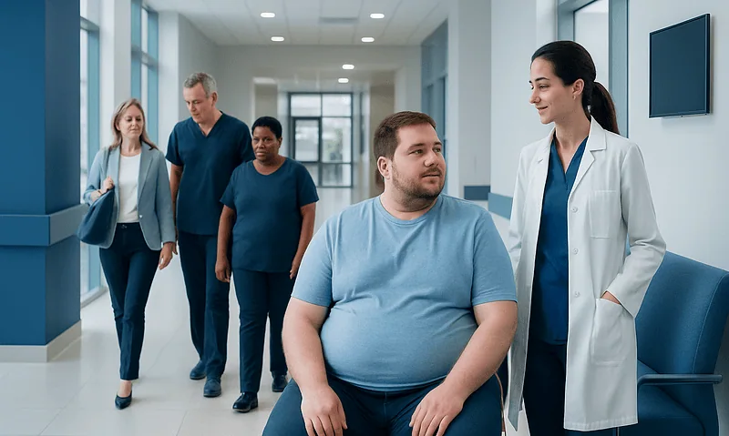 Patient in hospital corridor talking to healthcare professional.