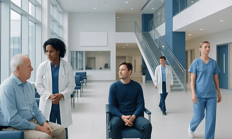 Medical team consulting patient in modern hospital corridor.