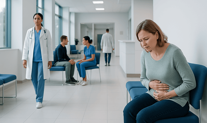 Patient with nausea in hospital waiting area at Acibadem Hospitals Group.