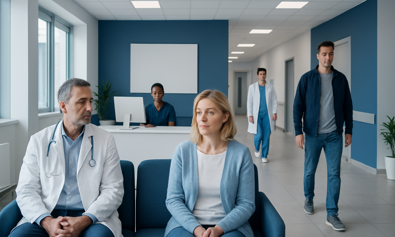 Medical consultation in a hospital waiting area with doctors and patients.