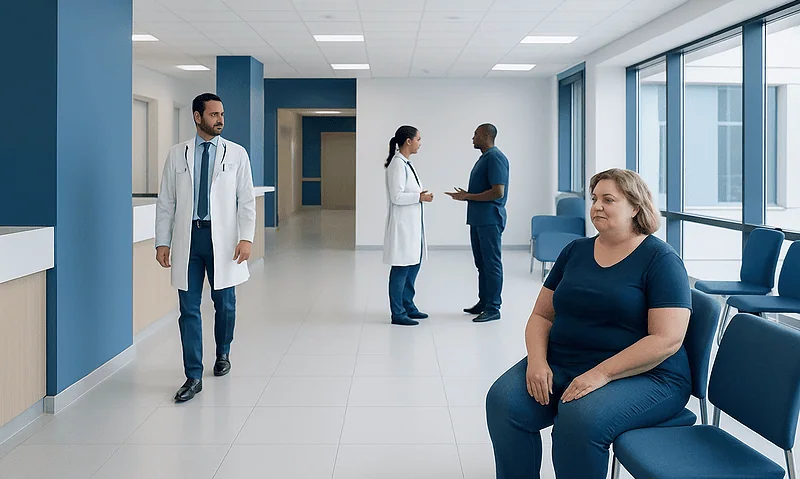 Patients and doctors in a modern hospital waiting area.
