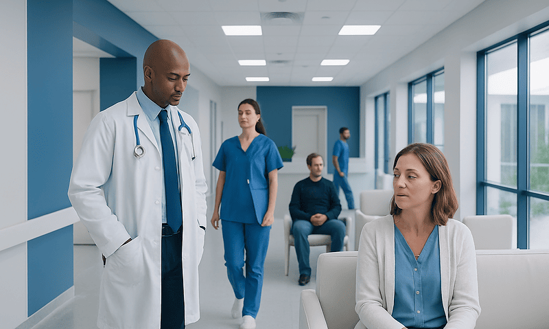 Medical team discussing patient care in hospital corridor.