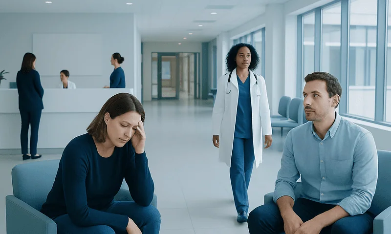 Patient experiencing headache in a hospital waiting area with medical staff nearby.