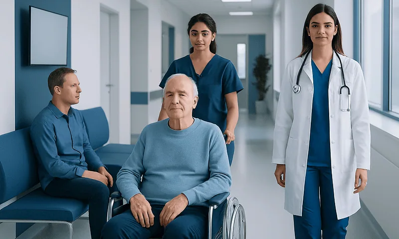 Medical team with elderly patient in hospital corridor for neurological assessment.