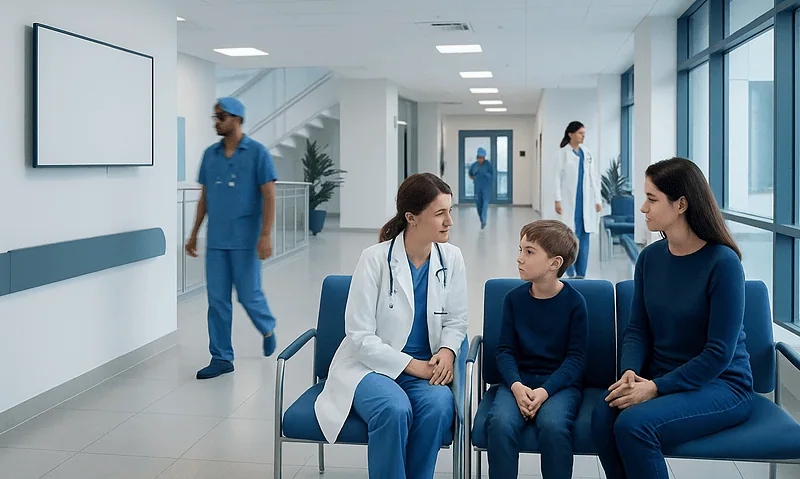 Pediatric patient consulting with doctors in hospital corridor.