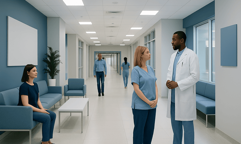 Medical professionals and patient in hospital corridor at Acibadem Hospitals Group.